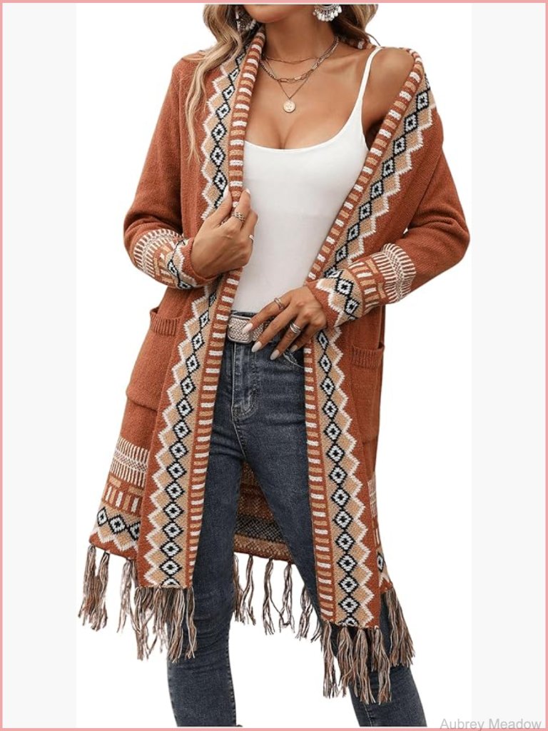 Boho Long Cardigan Sweater Fringe Duster Open Front Knit With Pockets